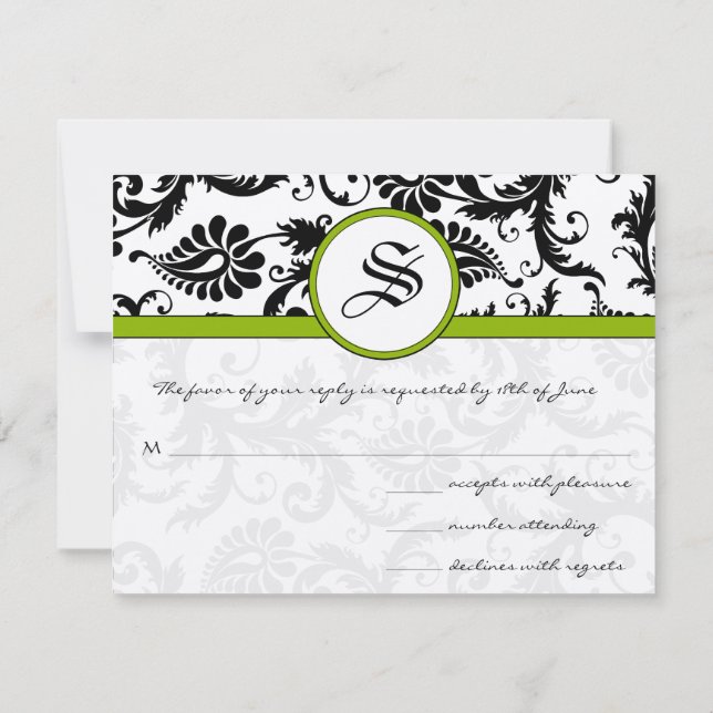 Black and White Floral Damask Wedding RSVP Card (Back)
