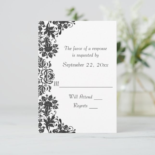 Black and White Floral Damask Wedding RSVP Card (Standing Front)