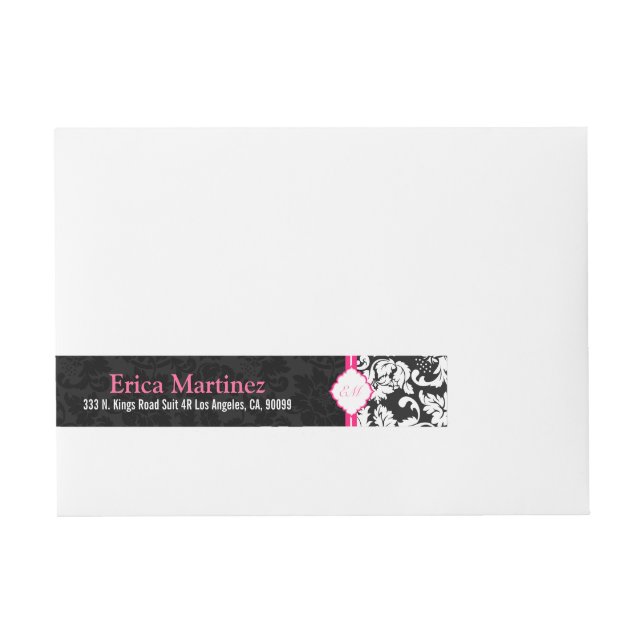 Black And White Floral Damask Wraparound Address Label (Front)