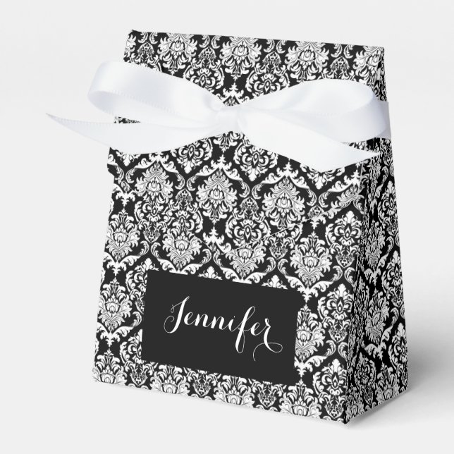 Black And White Floral Damasks Monogramed Favour Box (Front Side)