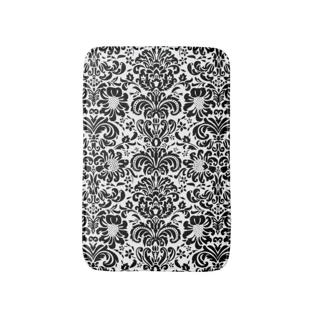 Black And White Floral Damasks Pattern 2 Bath Mat (Front Vertical)