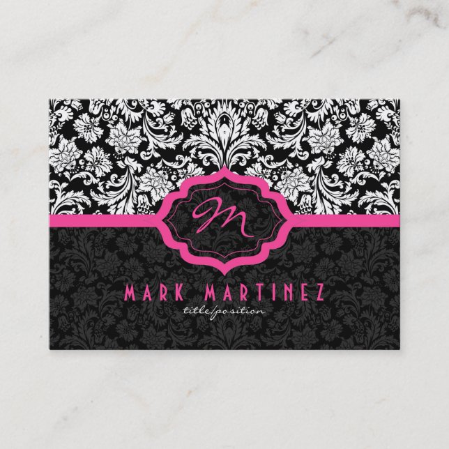 Black And White Floral Damasks Pink Accents Business Card (Front)
