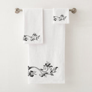 BLACK AND WHITE FLORAL DESIGN BATH TOWEL SET