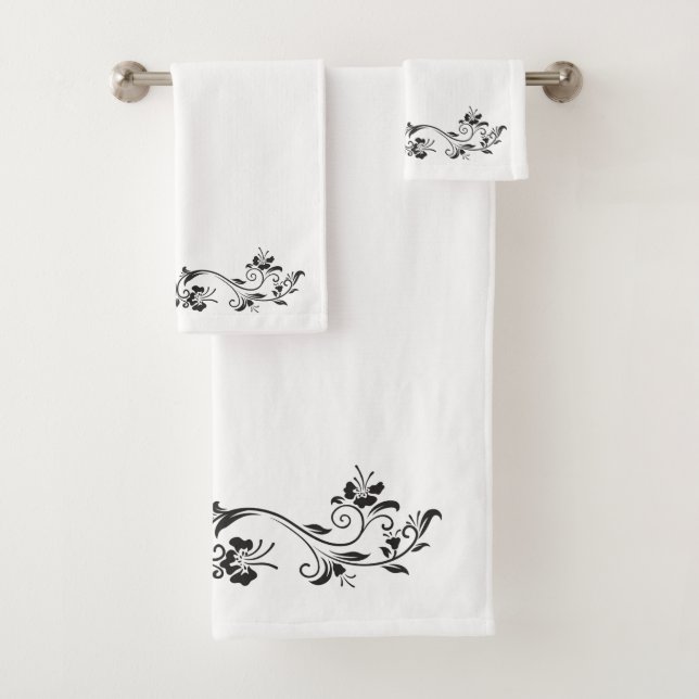 BLACK AND WHITE FLORAL DESIGN BATH TOWEL SET (Insitu)