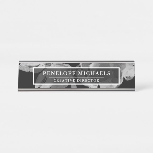 Black and White Floral Desk Name Plate (Front)