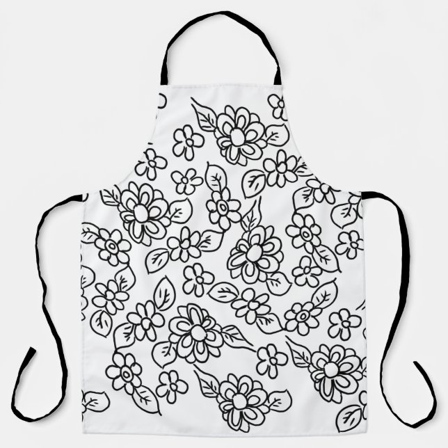 Black and white floral drawing apron (Front)