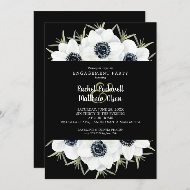 Black and White Floral Engagement Party Invitation (Front/Back)
