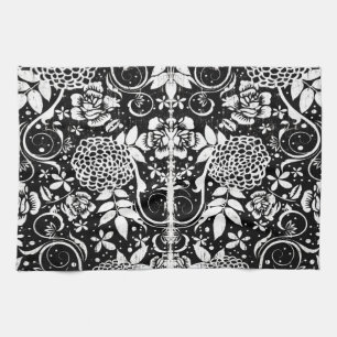 Black and White Floral Flowers Tea Kitchen Towel