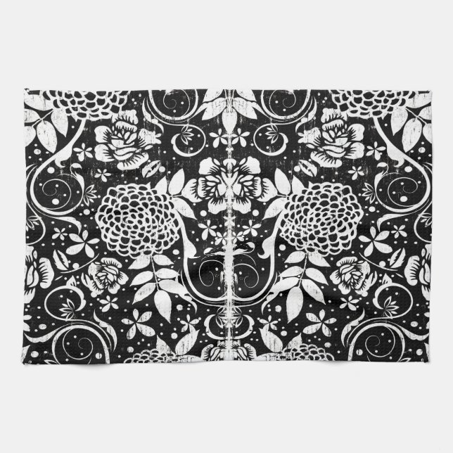 Black and White Floral Flowers Tea Kitchen Towel (Horizontal)