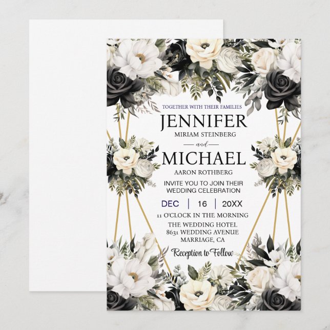 Black and White Floral Flowers Wedding Invitations (Front/Back)