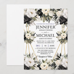 Black and White Floral Flowers Wedding Invitations