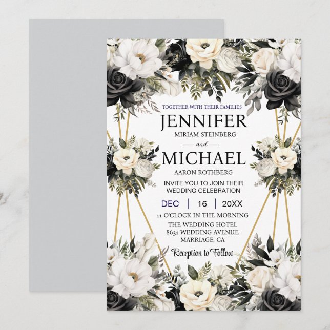 Black and White Floral Flowers Wedding Invitations (Front/Back)