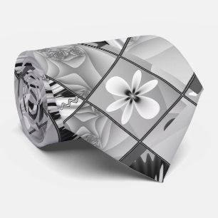 Black And White Floral Fractal Patchwork Pattern Tie