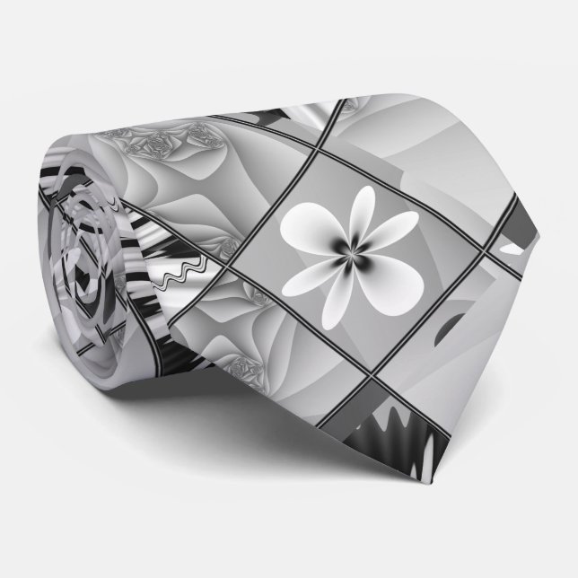 Black And White Floral Fractal Patchwork Pattern Tie (Rolled)
