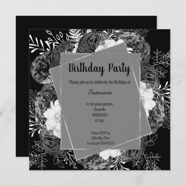 BLACK AND WHITE FLORAL FRAME BIRTHDAY SQUARE INVITATION (Front/Back)