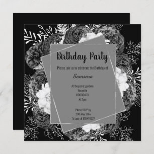 BLACK AND WHITE FLORAL FRAME BIRTHDAY SQUARE INVITATION