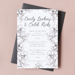 Black and White Floral Frame Line Art Wedding Invitation