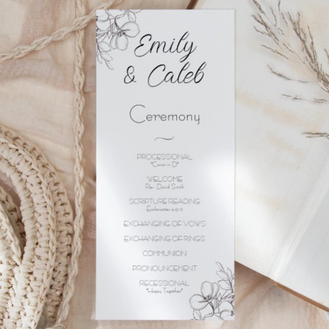 Black and White Floral Frame Line Art Wedding Programme (black and white flowers drawn script writing wedding ceremony program)