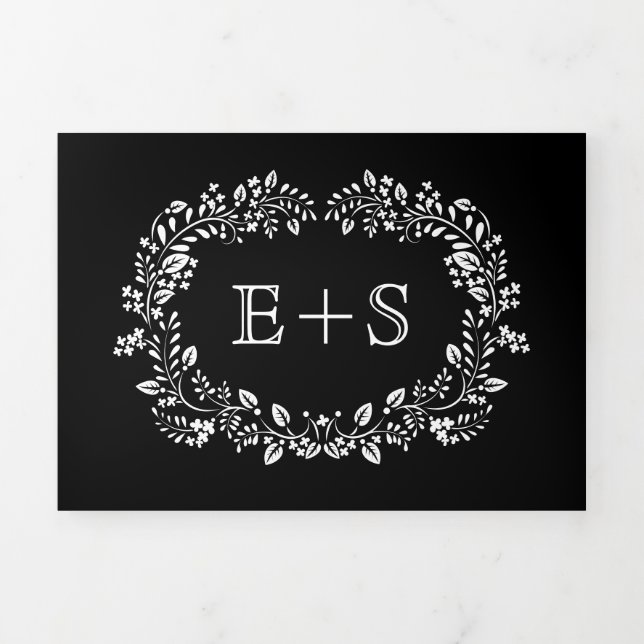 Black and white floral frame with initials wedding Tri-Fold invitation (Cover)