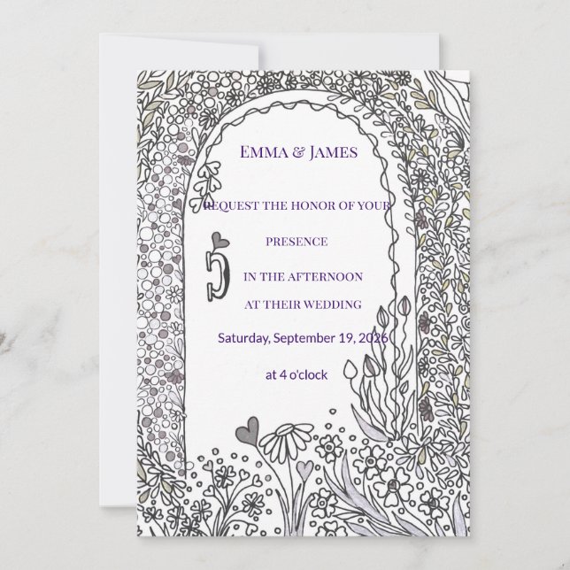 Black and White Floral Garden Door Wedding Invitation (Front)