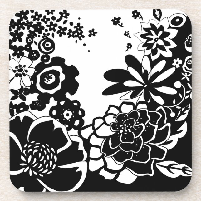 Black and White Floral Garden Graphic Pattern Coaster (Front)