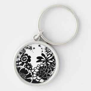 Black and White Floral Garden Graphic Pattern Key Ring