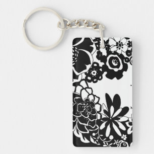 Black and White Floral Garden Graphic Pattern Key Ring