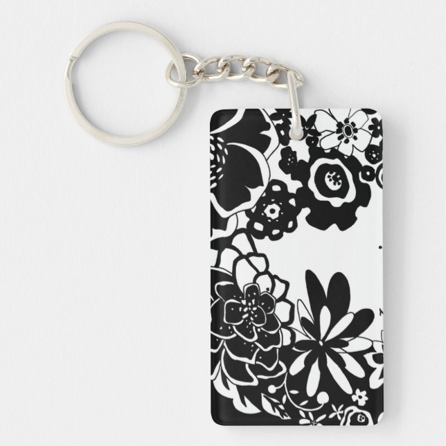 Black and White Floral Garden Graphic Pattern Key Ring (Front)