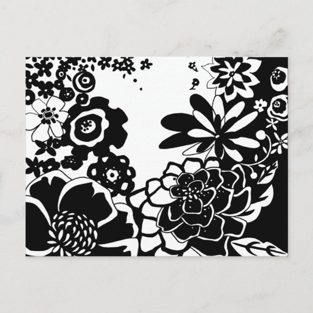 Black and White Floral Garden Graphic Pattern Postcard (Front)