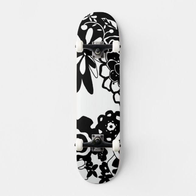 Black and White Floral Garden Graphic Pattern Skateboard (Front)