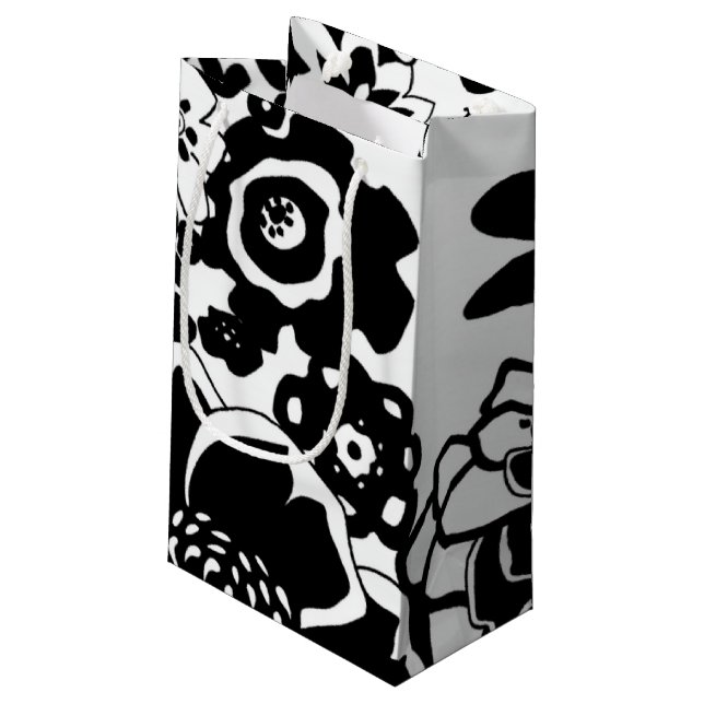 Black and White Floral Garden Graphic Pattern Small Gift Bag (Back Angled)