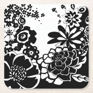 Black and White Floral Garden Graphic Pattern Square Paper Coaster