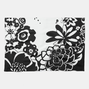 Black and White Floral Garden Graphic Pattern Tea Towel