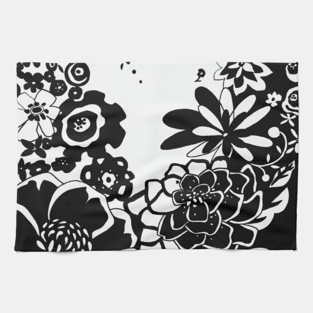 Black and White Floral Garden Graphic Pattern Tea Towel (Horizontal)