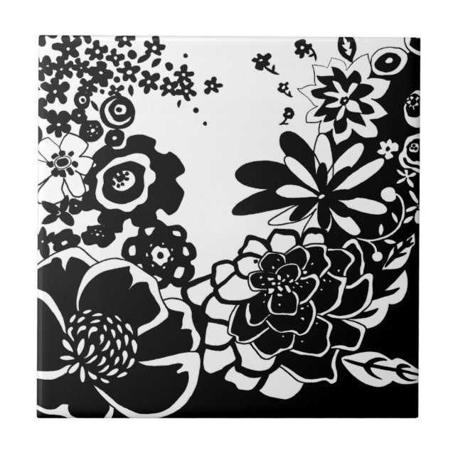 Black and White Floral Garden Graphic Pattern Tile (Front)