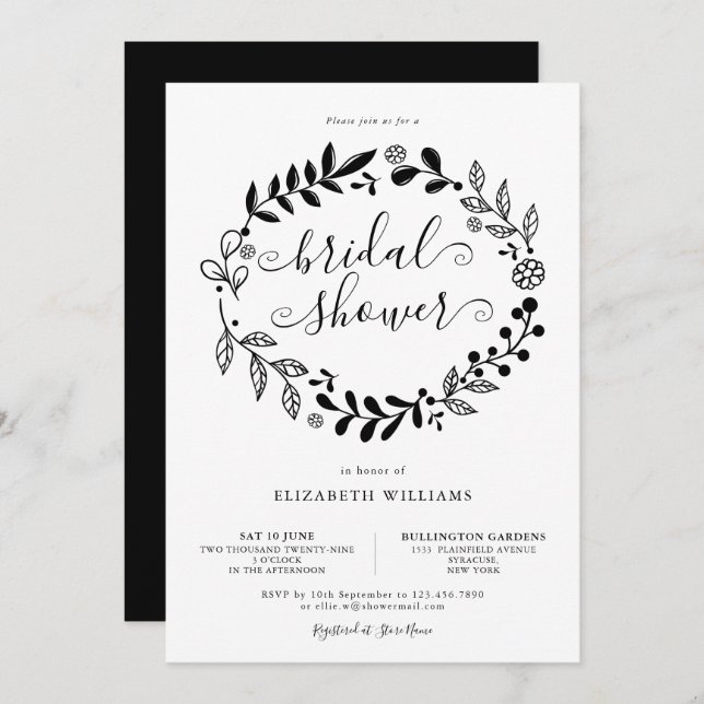 Black and White Floral Garland Bridal Shower Invitation (Front/Back)