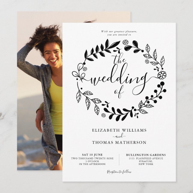 Black and White Floral Garland Photo Wedding Invit Invitation (Front/Back)