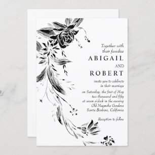 Black and white floral garland QR code wedding Invitation