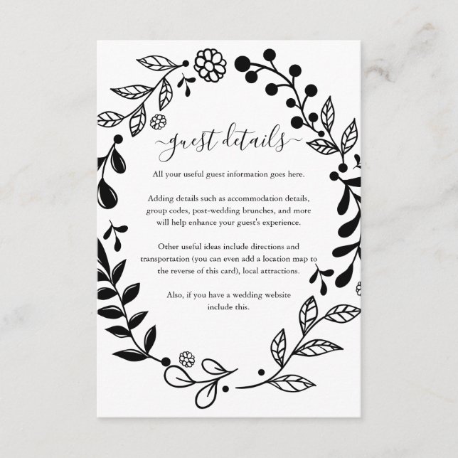 Black and White Floral Garland Wedding Details Enclosure Card (Front)
