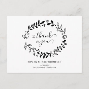 Black and White Floral Garland Wedding Thank You Postcard