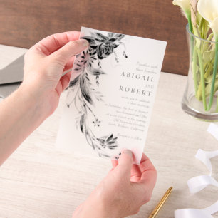 Black and white floral garland wedding vellum invitations