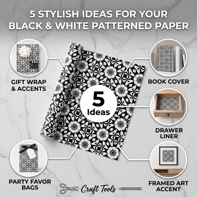 Black and White Floral Geometric Tile Pattern Wrapping Paper Sheet (Creator Uploaded)