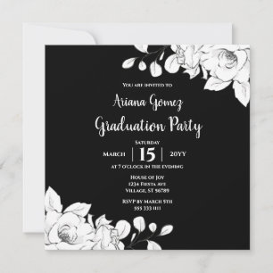 Black And White Floral Graduation Invitation