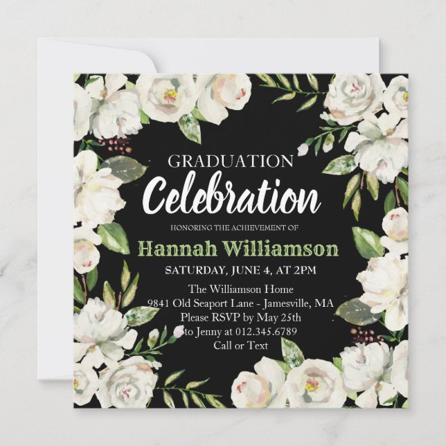 Black and White Floral Graduation Party Invitation (Front)