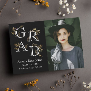 Black and White Floral Graduation Photo Announcement