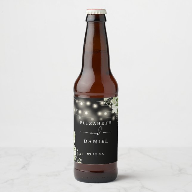 Black And White Floral Greenery Lights Wedding Beer Bottle Label (Front)
