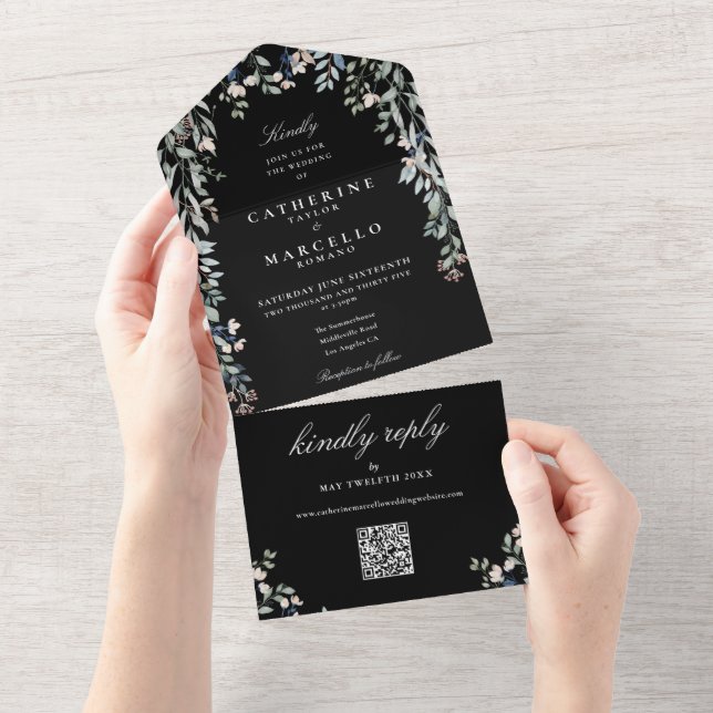 Black And White Floral Greenery QR Code Wedding All In One Invitation (Tearaway)