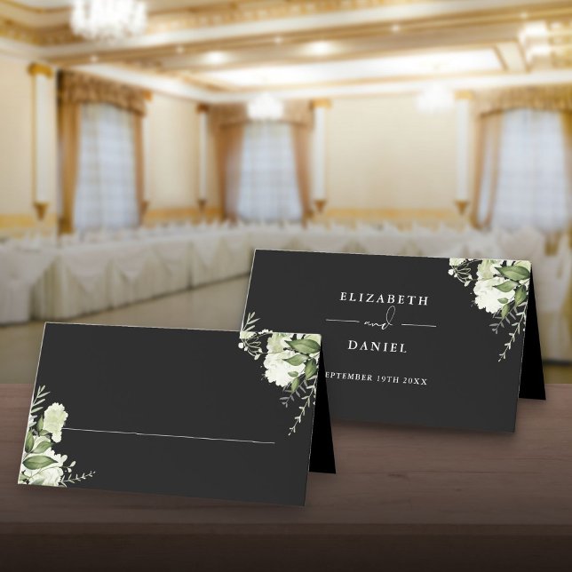 Black And White Floral Greenery Wedding Folded Place Card (Black And White Floral Greenery Wedding Folded Place Card)