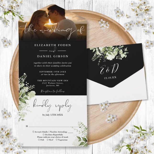 Black And White Floral Greenery Wedding Photo All In One Invitation (Black And White Floral Greenery Wedding Photo All In One Invitation)