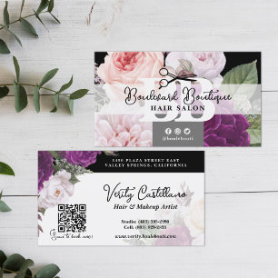 Black and White Floral Hair Salon Stylist QR Code Business Card
